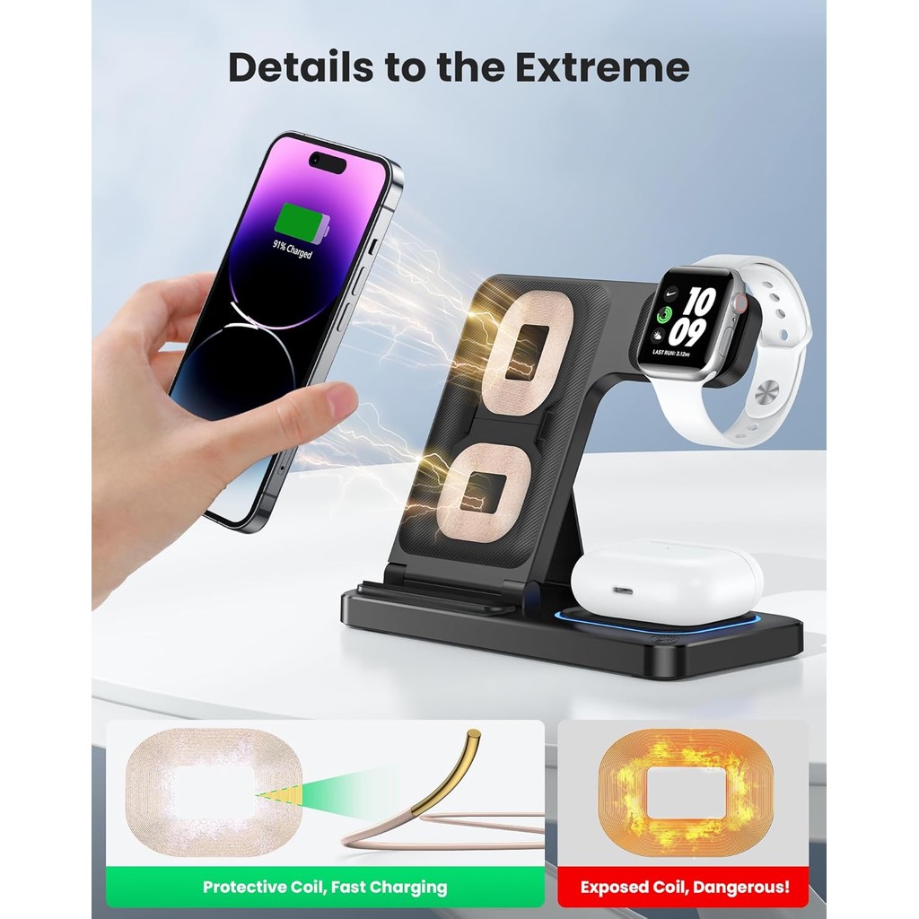 DUMTERR เครื่องชาร์จไร้สาย 3 in 1 สําหรับ iPhone 16/15/14/13/12, สถานีชาร์จไร้สายสําหรับอุปกรณ์ Appl