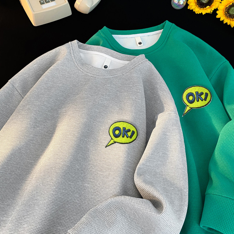 Waffle Street Wear เสื้อสเวตเตอร์ปักลายผู้ชายหลวมฤดูใบไม้ร่วง High Street Casual All-