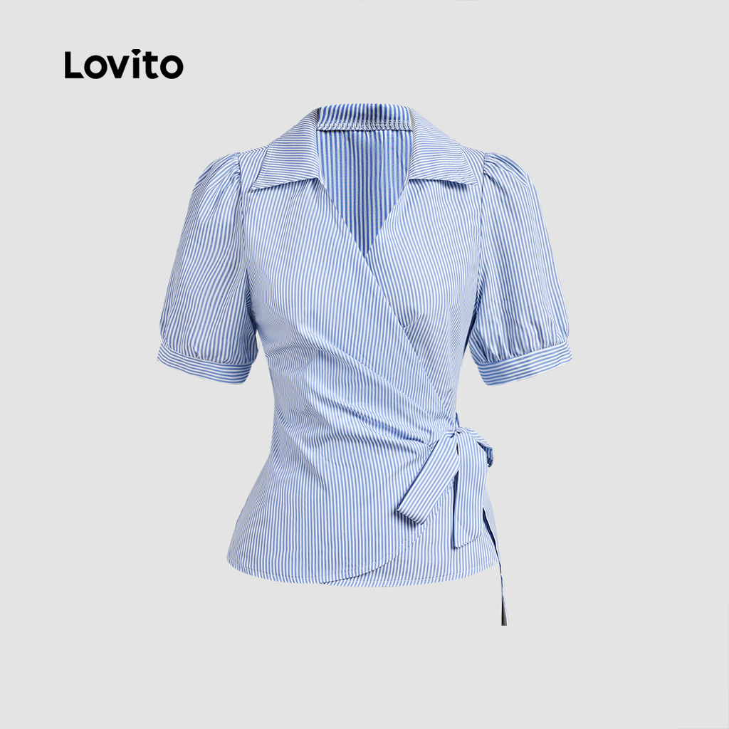 (NEW) Lovito เสื้อคลุม elegante แบบผูก คอปกสำหรับเดินทางในช่วงฤดูใบไม้ผลิ/ฤดูร้อน สีฟ้าอ่อน L150ED74