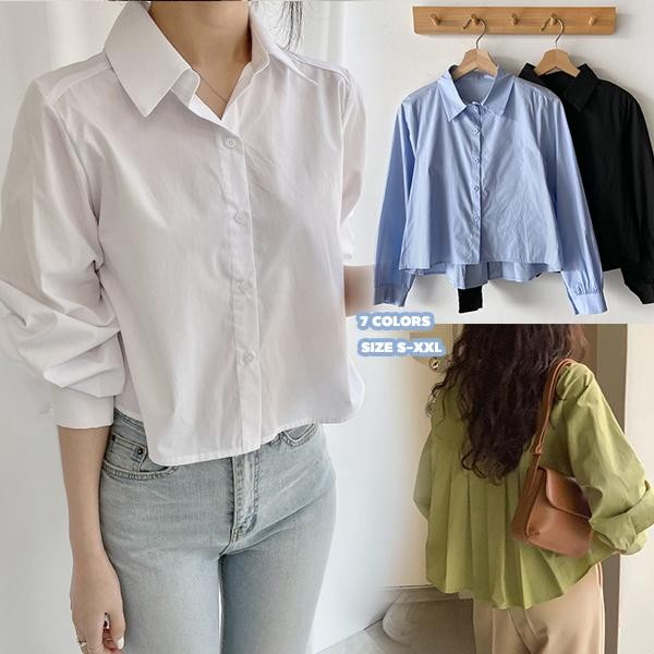 mimi&didi#เสื้อตัวบนไซส์ใหญ่แขนยาวด้านหลังจีบ เสื้อเชิ้ตแฟชั่นเกาหลี หวานและน่ารัก ทรงหลวม สำหรับผู้หญิง#W650