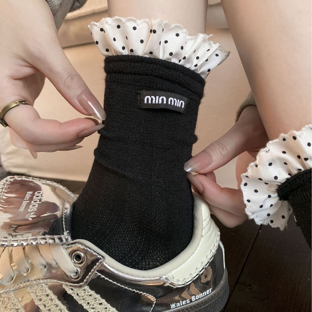 ถุงเท้าผ้าฝ้ายแท้สไตล์เกาหลี พิมพ์.Dot และ pleat สวมใส่สบายและระบายอากาศดี