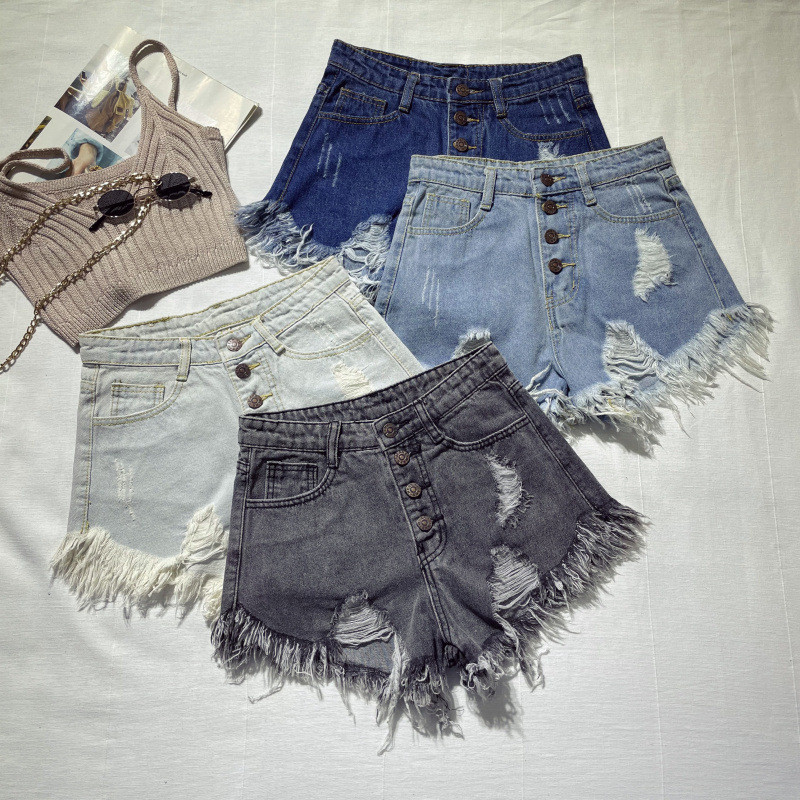 เอวสูง Ripped Denim Super กางเกงขาสั้นผู้หญิง 2024 Frayed หลวม a-Line ขากว้างกางเกงร้อนอินเทรนด์2025
