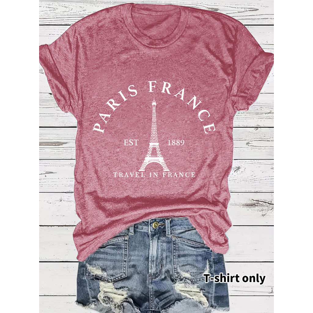 2025 ใหม่ 2025 พร้อมสต็อกยุโรปอเมริกันรอบคอแฟชั่น PARIS FRANCE Tower Top เสื้อยืดผู้หญิงหลวมแขนสั้น 