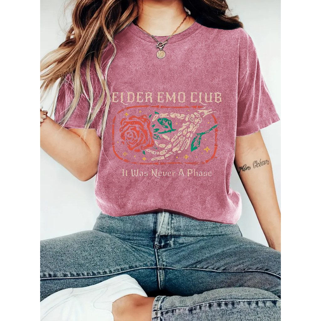 2025new23 เสื้อสวมหัวรอบคอ Rose Cross-Border ผู้หญิงยุโรปอเมริกัน 2025 ฤดูร้อนแขนสั้นเสื้อยืด ELDER 