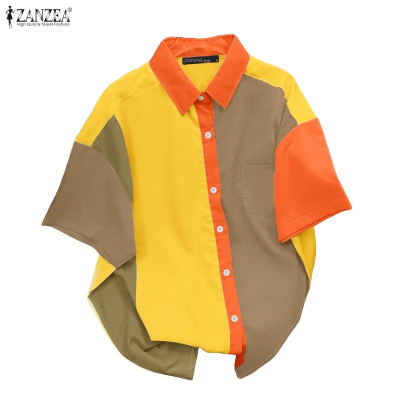 ZANZEA สตรีทแวร์สำหรับผู้หญิง ออกแบบ TURN-DOWN COLLAR และแขนแบบ RAGLAN มีกระดุมตั้ง