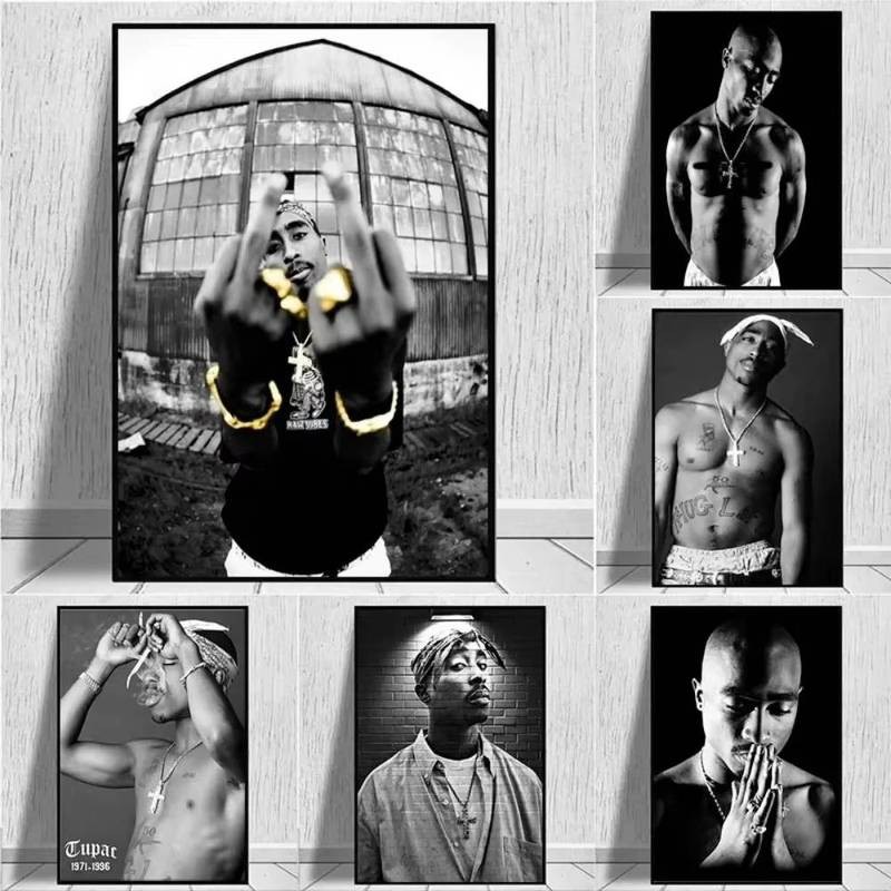 โปสเตอร์ภาพวาด rapper icon ท่าน Tupac สีดำและขาว สไตล์Hip Hop สำหรับการตกแต่งบ้าน