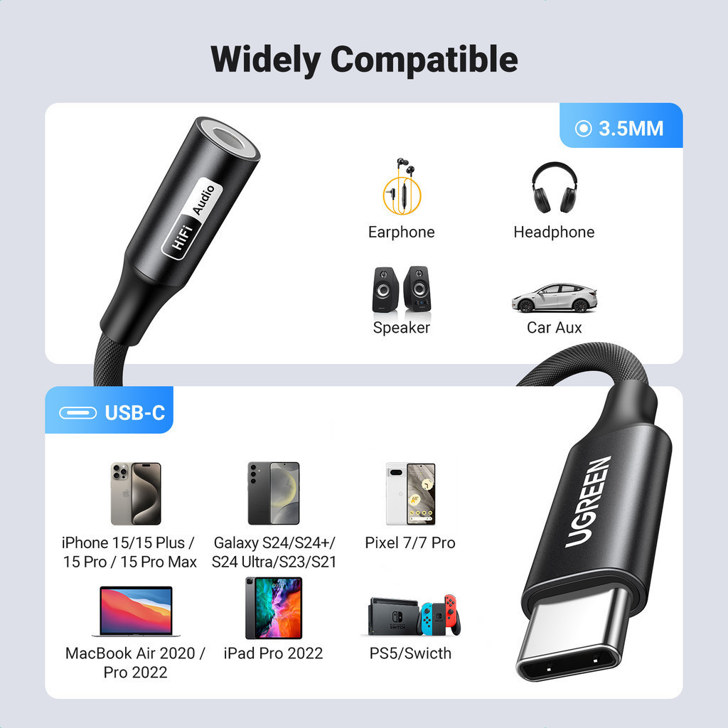 UGREEN USB Type C ถึง 3.5 มม.ชิป DAC อะแดปเตอร์หูฟัง USB C ถึง 3.5 Aux Cable สําหรับพีซีสําหรับโทรศัพท์ - รูปที่ 4