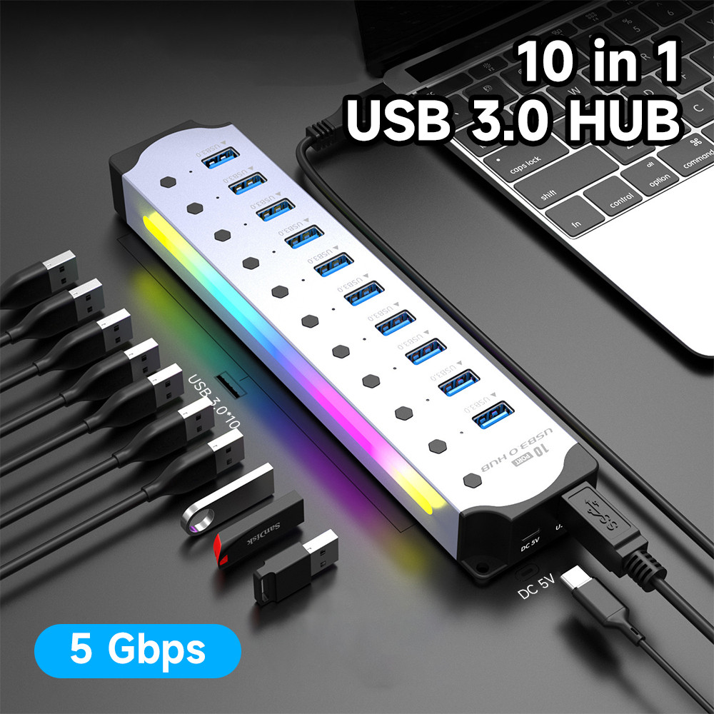 10 in 1 Powered USB HUB USB 3.0 อินเทอร์เฟซสวิตช์ส่วนบุคคล RGB E-Marker การออกแบบการกระจายความร้อน D