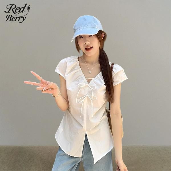 Red Berryเสื้อเชิ้ตคอวีผูกโบว์สไตล์เกาหลีผู้หญิง ดีไซน์จีบ ทรงเข้ารูป เอวเข้ารูป หน้าร้อน99200