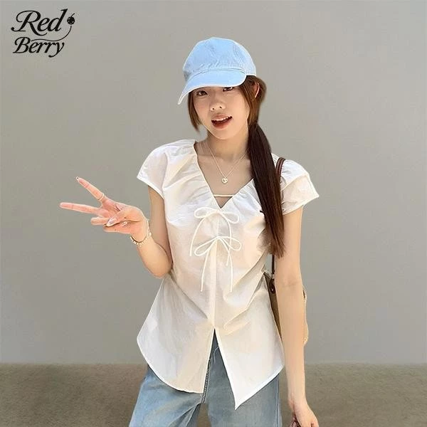 Red Berryเสื้อเชิ้ตคอวีผูกโบว์สไตล์เกาหลีผู้หญิง ดีไซน์จีบ ทรงเข้ารูป เอวเข้ารูป หน้าร้อน99200