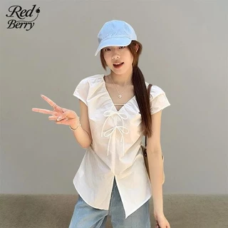 Red Berryเสื้อเชิ้ตคอวีผูกโบว์สไตล์เกาหลีผู้หญิง ดีไซน์จีบ ทรงเข้ารูป เอวเข้ารูป หน้าร้อน99200