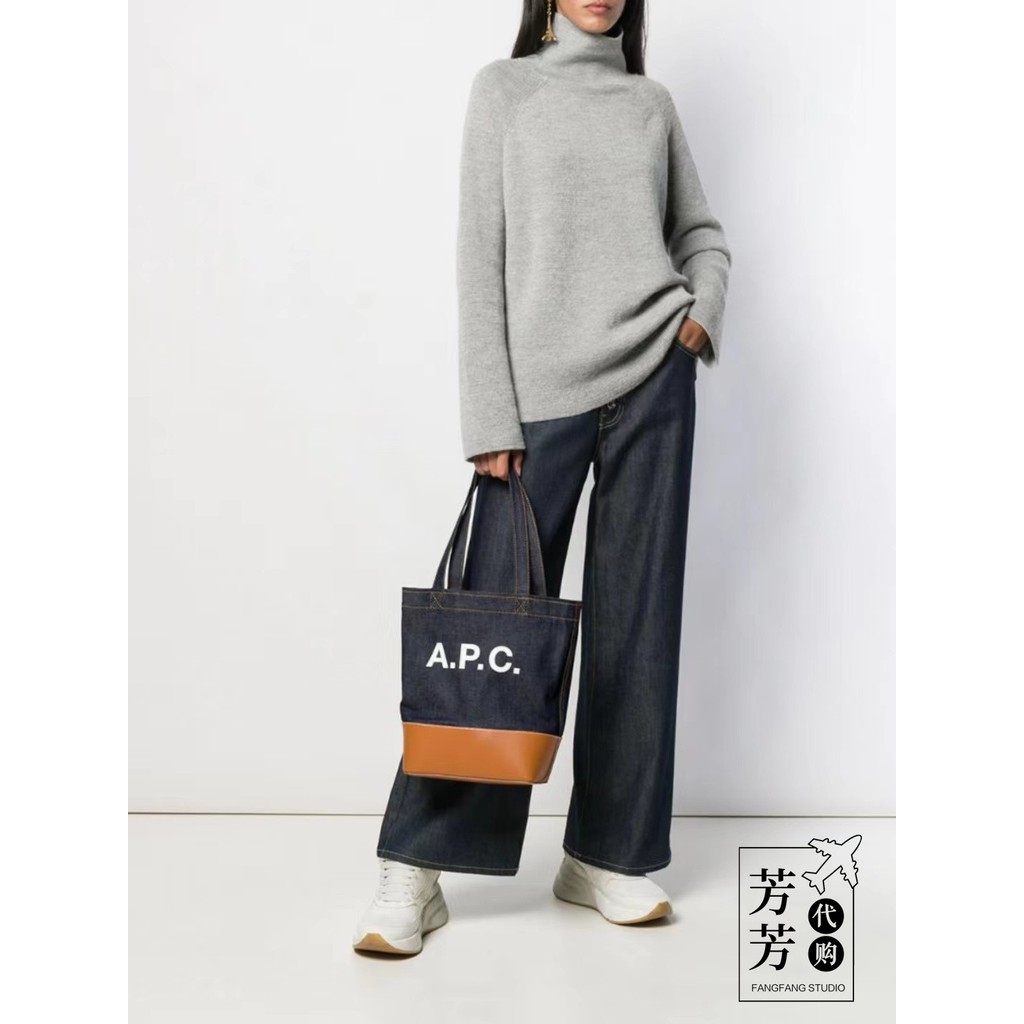 สินค้าของแท้ Daigou APC APC Axelle tote Denim Canvas Leather Stitching tote Bag Retro