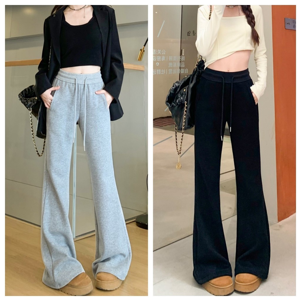 Bella Shop กางเกงกีฬาไมโครฮอร์น กางเกงขายาวสไตล์อเมริกันเอวสูงทรงสลิมรุ่นใหม่