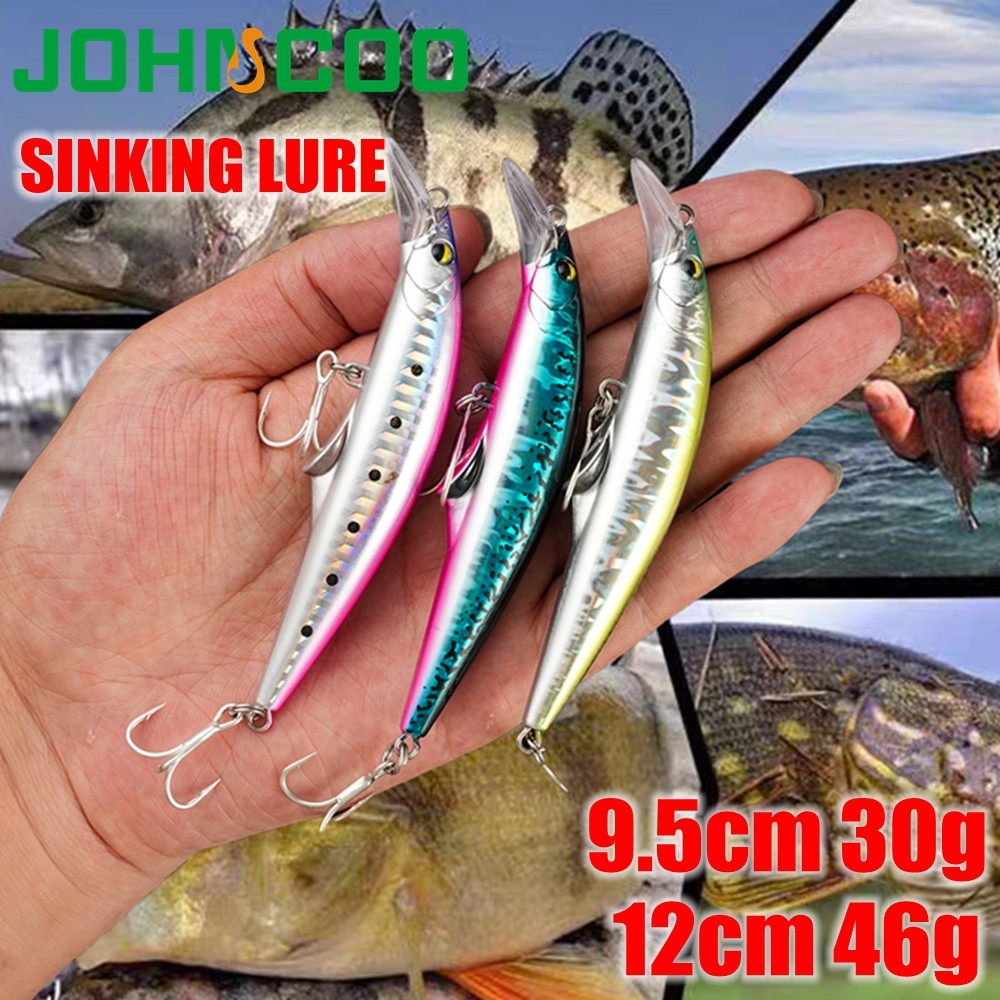 เหยื่อล่อตกปลาระบุว่า Sinking และ Wobbling Minnow พร้อมขนาด 9.5 cm / 30 g และ 12 cm / 46 g
