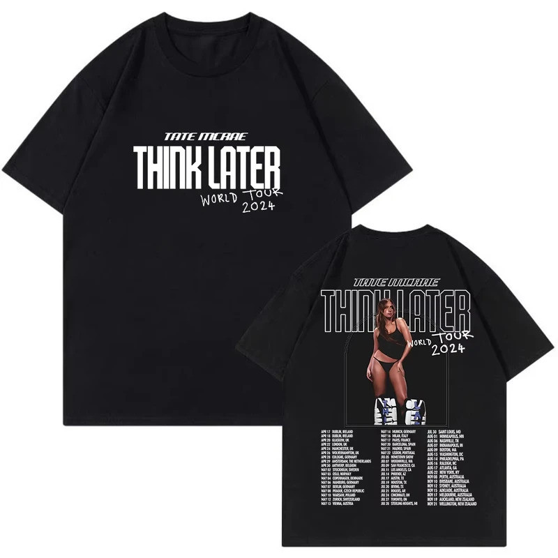 พิมพ์กราฟิก Tate McRae Think Later เสื้อยืดนักร้อง Pop 2025 Tour Merch แขนสั้น Crewneck เสื้อยืดแฟชั