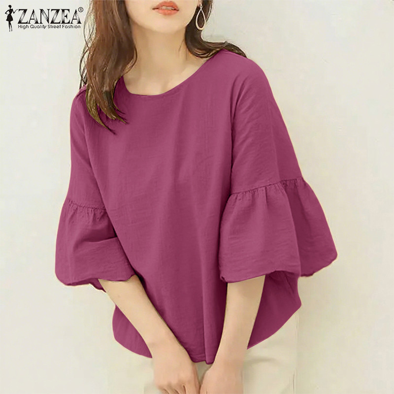 ZANZEA ซานเซีย เสื้อลำลองสำหรับผู้หญิง สไตล์เกาหลี แขนระฆัง รอบคอ 3/4 ลายสีทึบ ทรงหลวมใส่สบาย — صورة 5