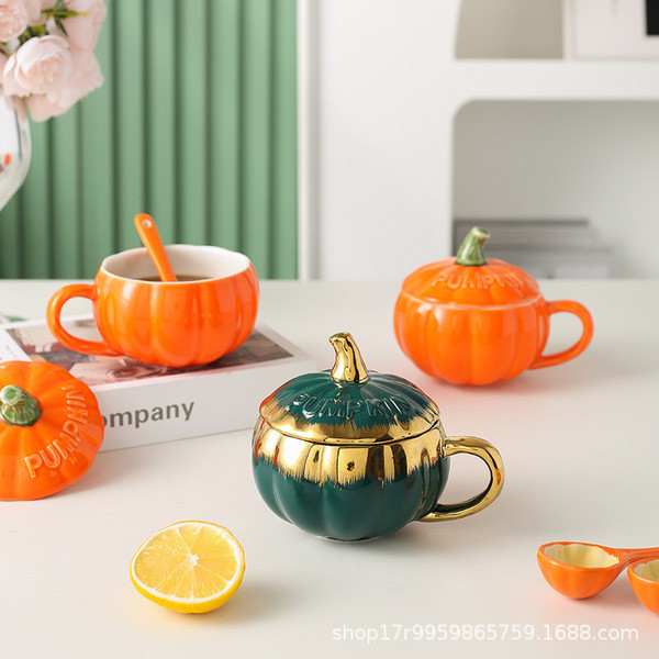 ฝาแก้ว ฝาแก้ว tyeso ถ้วยฟักทองเซรามิกน่ารักหญิงนมมูลค่าสูงข้าวโอ๊ตถ้วยอาหารเช้าบะหมี่กึ่งสําเร็จรูปช