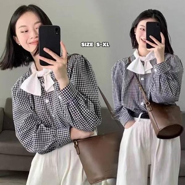 mimi&didi#เสื้อเชิ้ตลายสก๊อตแขนยาวคอปกผู้หญิงขนาดใหญ่ ดีไซน์โบว์ไทที่คอเสื้อ แฟชั่น หวานและน่ารัก เสื้อผ้าผู้หญิง#W669
