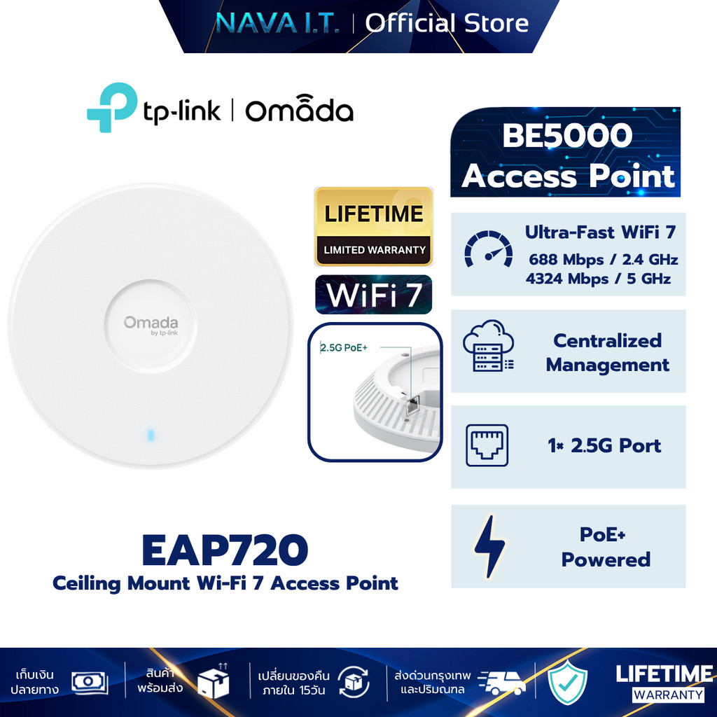 TP-LINK EAP720 Access Point Wi-Fi 7 BE5000 Ceiling Mount รองรับ PoE+ รับประกันศูนย์ไทย