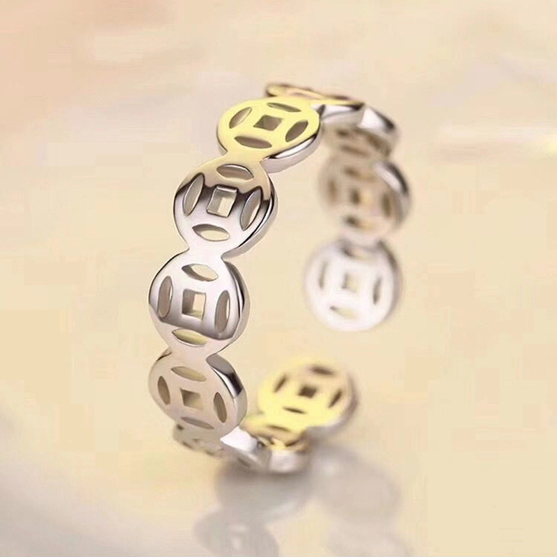 10.7 Hollowed-out Lucky Copper Coin Open Ring Thai Silver Niche Design