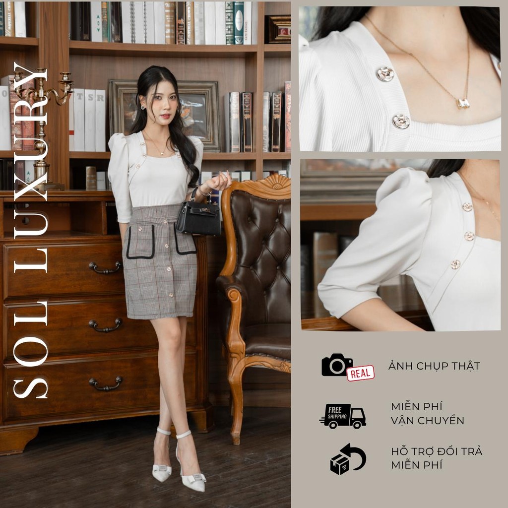 เสื้อเบลาส์แขนสั้นคอเหลี่ยมทําจากผ้าฝ้ายซับน้ําดีนุ่มกระดุมแฟชั่นหลากสี-นางสาว503