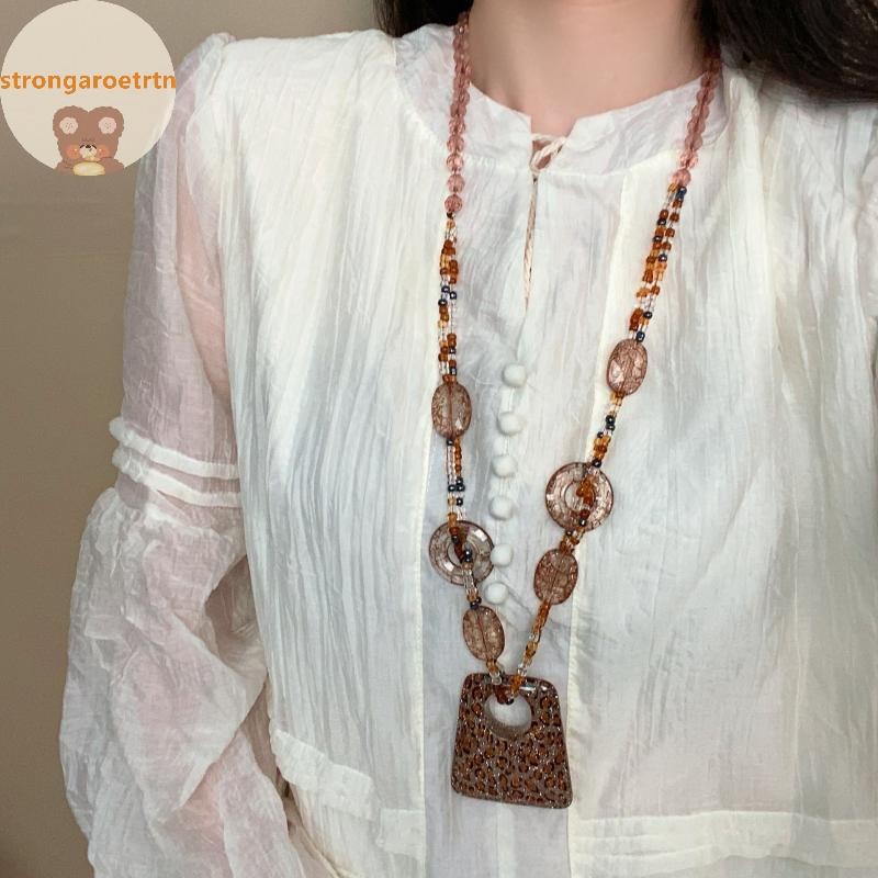 Strongaroetrtn ชาติพันธุ์ Sle รอบเรซิ่นเสือดาวเสื้อกันหนาวยาวสร้อยคอ Retro จี้คริสตัลหญิงเครื่องประด