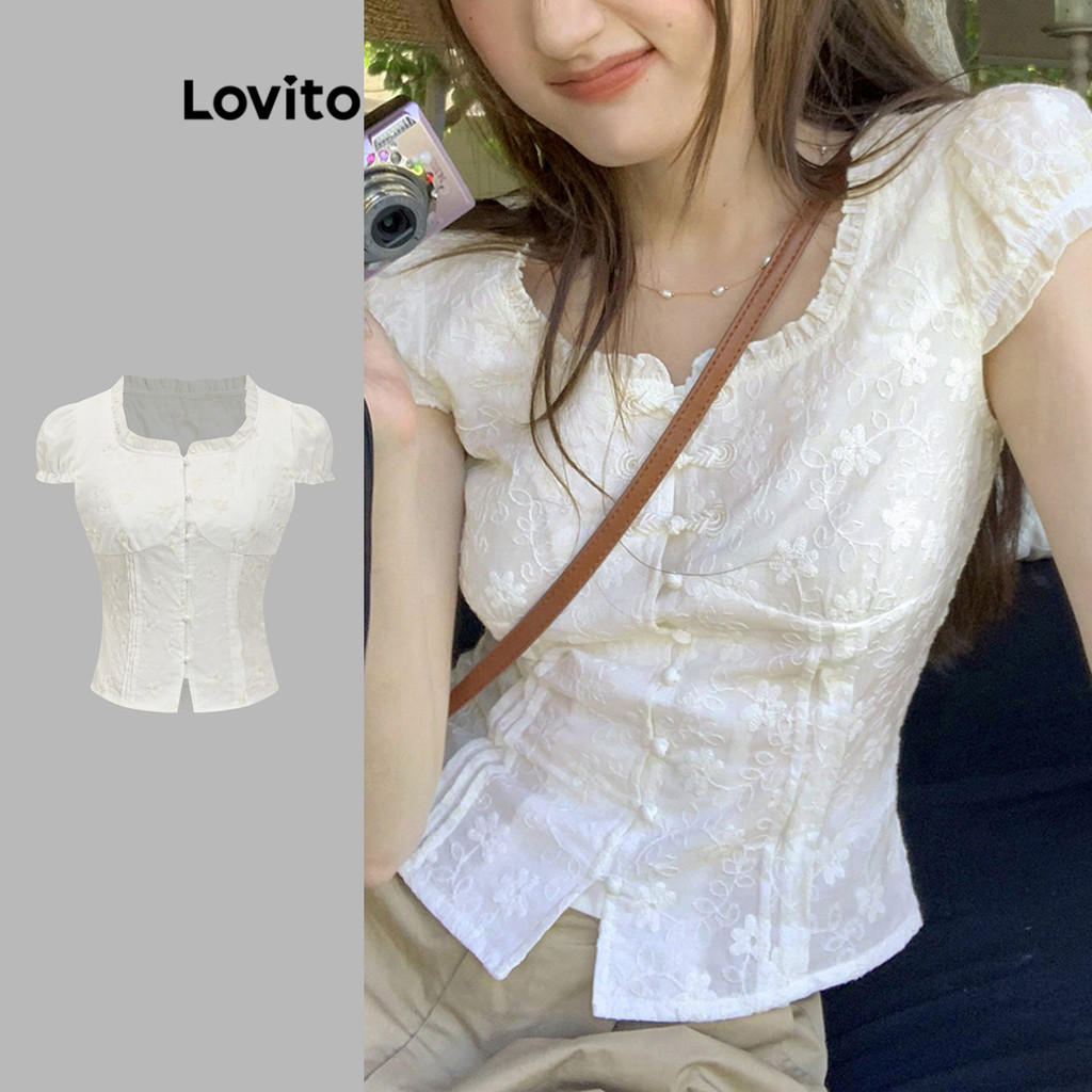 Lovito เสื้อลําลองเสื้อเย็บปักถักร้อยธรรมดาสําหรับผู้หญิง L88AD212