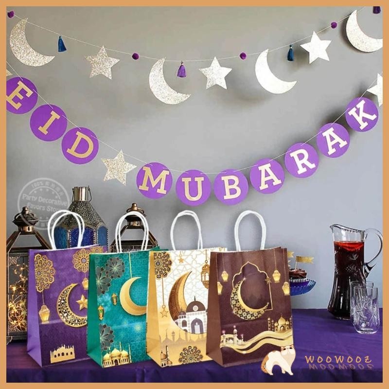 WOW 12 ชิ้นถุงกระดาษกระเป๋าสําหรับ Eid Mubaraks เทศกาลฉลองอุปกรณ์