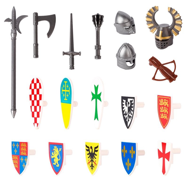 MOC ยุคกลางอาวุธอุปกรณ์เสริม Anti-Gear Knight Minifigure หมวกกันน็อค Spearbow Crossbow ดาบอนุภาคขนาด