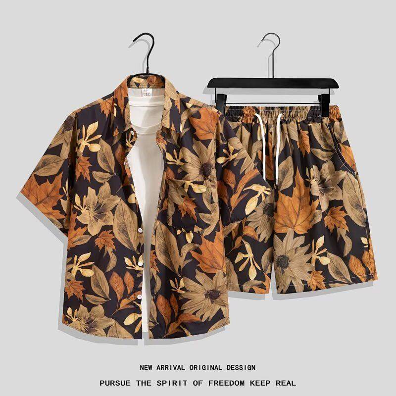 Summer Shirt Men's Two-Piece Travel Matching Couple Beachwear Breathable Suit Casual Short Sleeve Sh