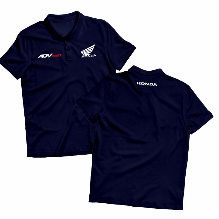 เสื้อโปโลสีน้ำเงินเข้ม HONDA ADV150 ลายปีกฮอนด้าหน้าหลัง ผ้าฝ้ายนุ่ม เสื้อแฟนมอเตอร์ไซค์ออฟโรด