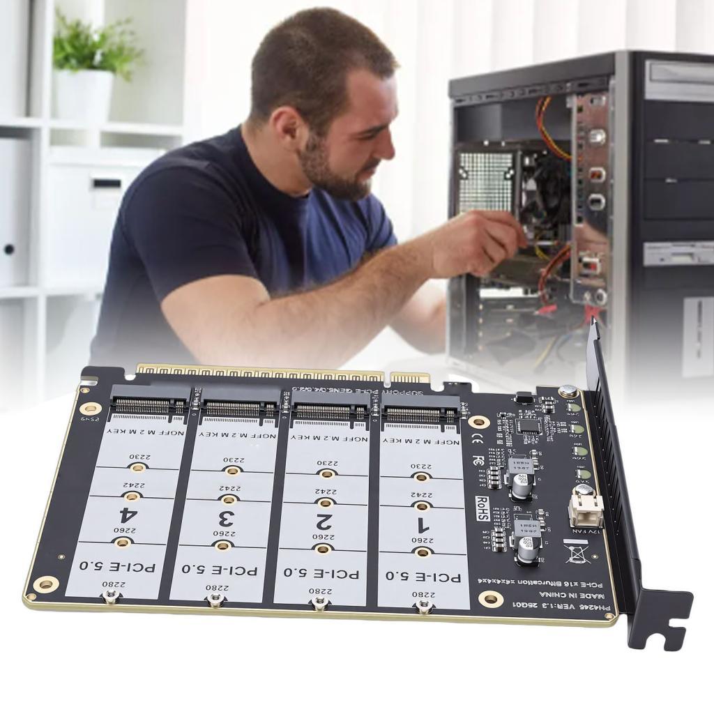 Gugxiom M.2 PCIe 5.0 การ์ดอะแดปเตอร์ 4 พอร์ต NVMe SSD ถึง x16 การขยายรองรับ 3.0/4.0/5.0 Bifurcation 