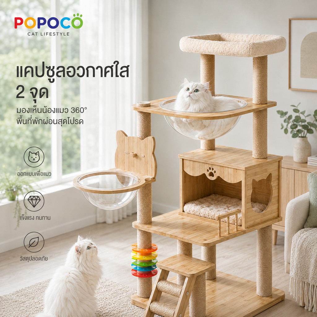 【POPOCO】คอนโดแมวไม้พรีเมียม โดมใส 2 จุด บ้านแมวขนาดใหญ่ ที่ลับเล็บแมว คอนโดแมวมินิมอล พร้อมของเล่น รองรับแมวหลายตัว แข็