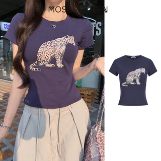 MOSESQUEEN มอสเซควีน เสื้อยืดแขนสั้นพิมพ์ลายเสือดาวอเมริกันเสื้อคอกลมแขนสั้นเข้ารูปผู้หญิงเข้ารูปและเข้ารูป #63695