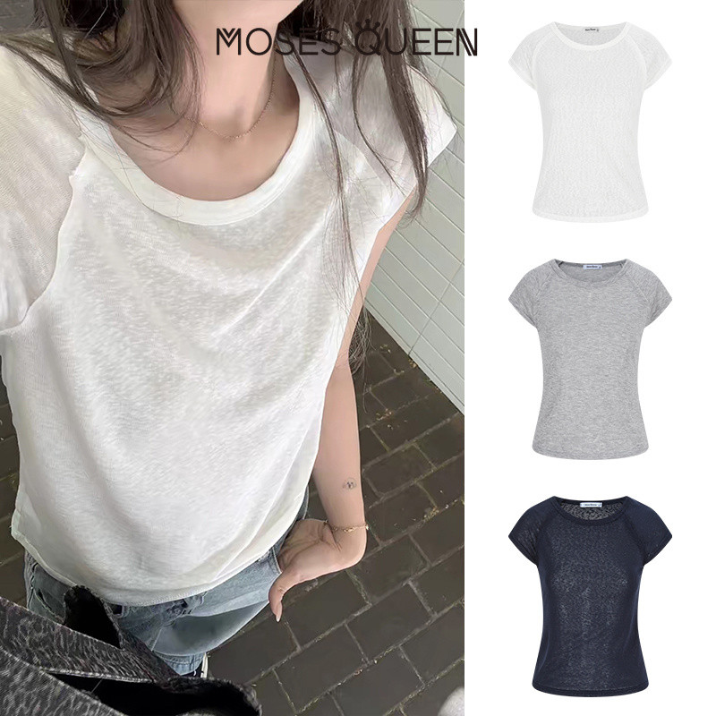 MOSESQUEEN ความเมตตาควีน เสื้อยืดแขนสั้นแขนไหล่ม้วนสําหรับผู้หญิงในฤดูร้อนแบบใหม่คอกลมอเนกประสงค์เสื้อชั้นฐานสีพื้น #63722