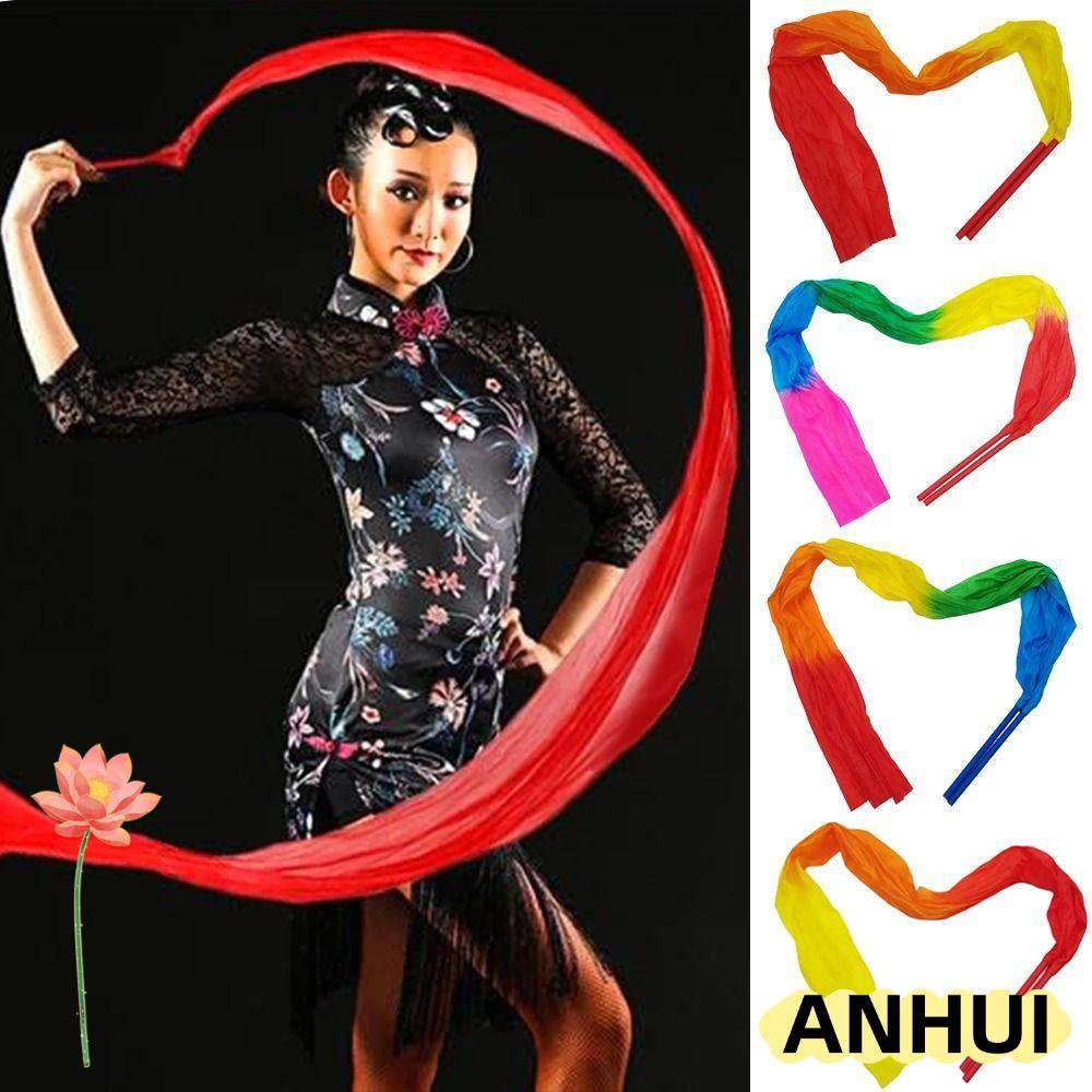 ANHUI ริบบิ้นเต้นรําสีสันสดใสพร้อมริบบิ้นยิมนาสติกก้านอุปกรณ์ประกอบฉากกีฬาผ้าไหม