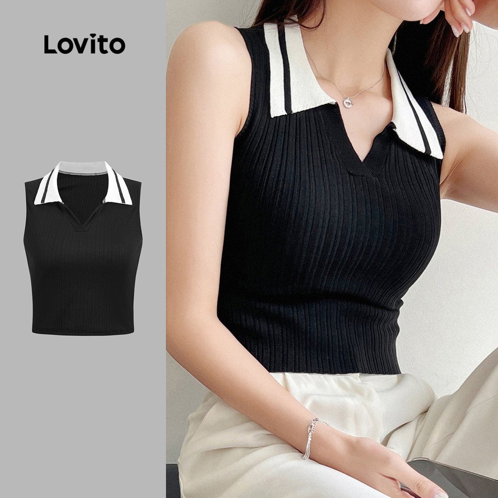 Lovito เสื้อเบลาส์ผู้หญิงลายผ้าต่อสีสบาย ๆ สําหรับฤดูใบไม้ผลิ/ฤดูร้อน สีดําและขาว LK6ED118
