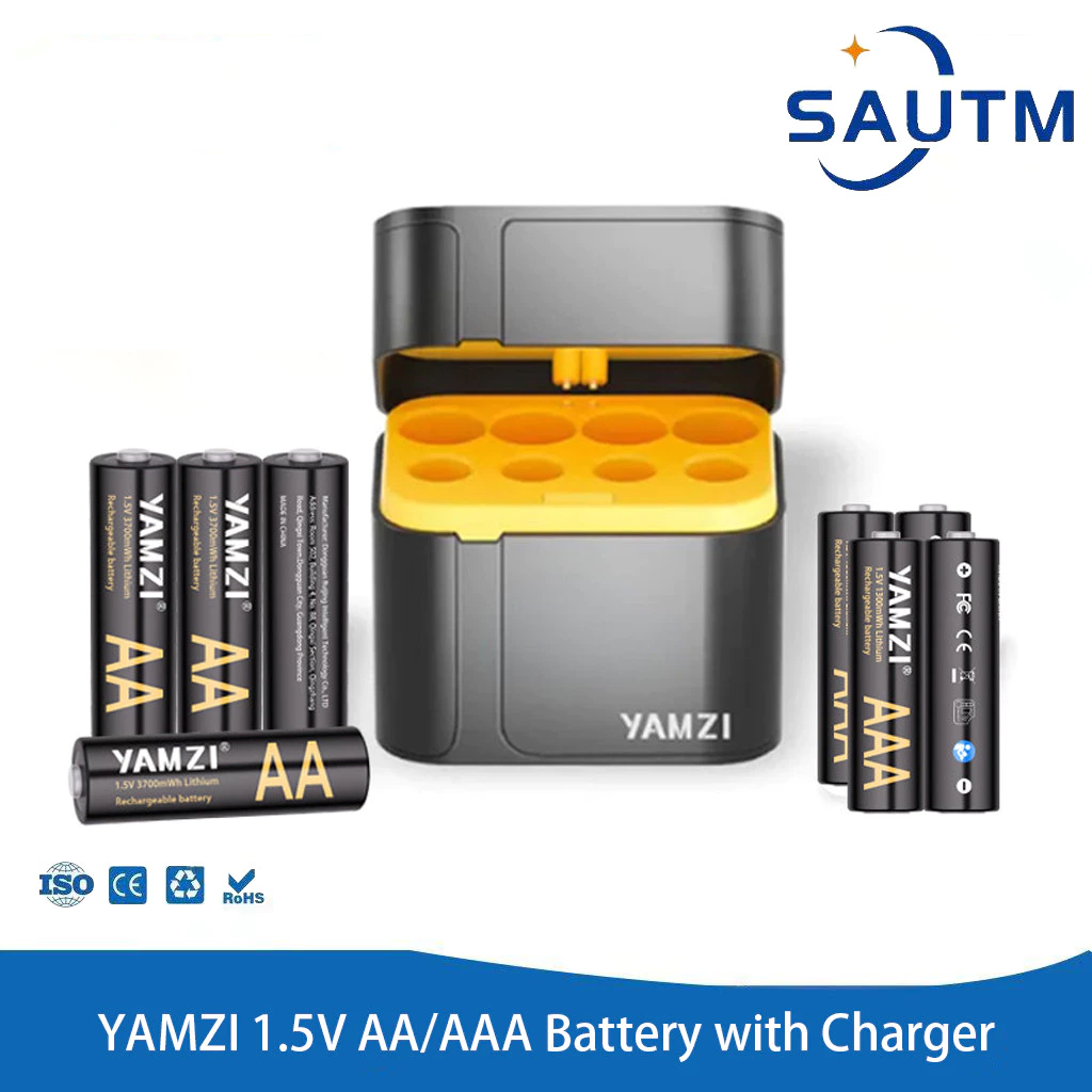YAMZI แบตเตอรี่ลิเธียม 1.5V AA 3700mWh หรือ AAA 1300mWh แบตเตอรี่แบบชาร์จไฟได้พร้อมช่องชาร์จแบตเตอรี่