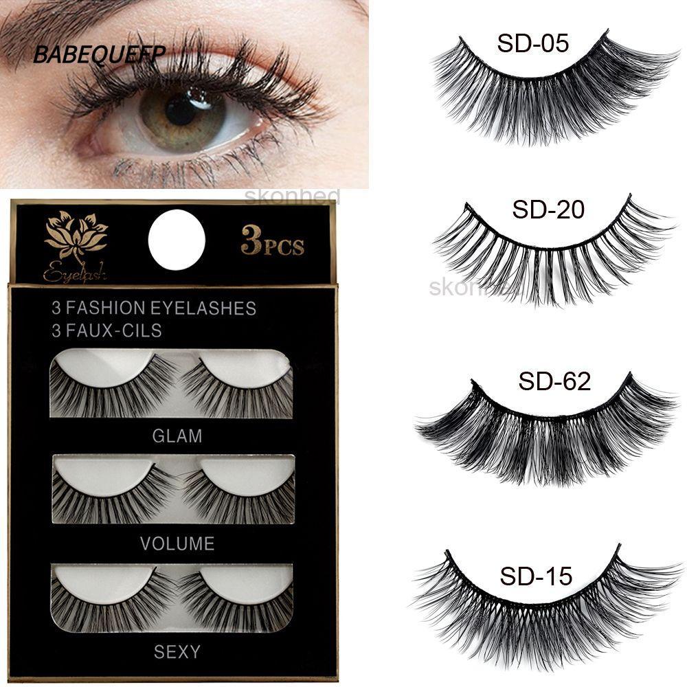 BABEQUEFP SKONHED 3 คู่เครื่องมือความงามหนา Cross Voluminous Lashes Silk Fiber