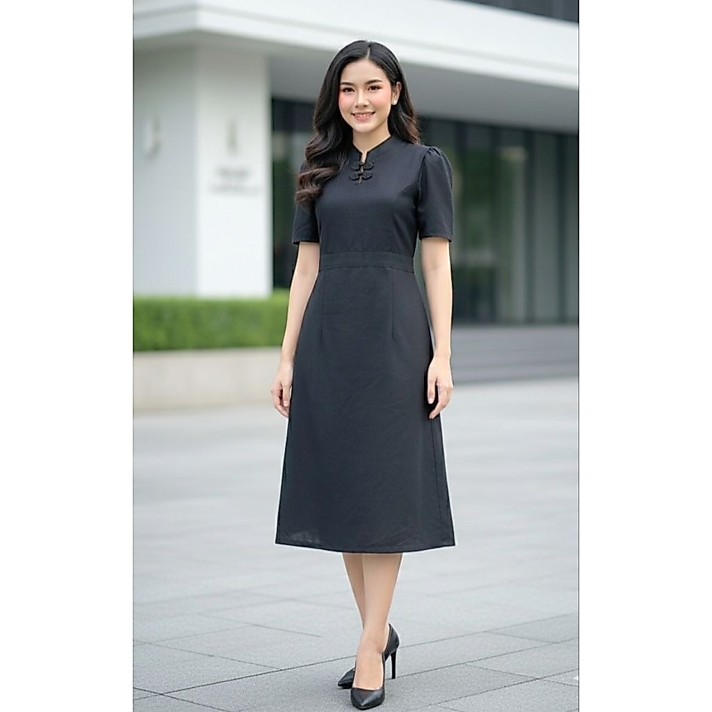 เดรสลายตะขอพระราชทานผ้าฝ้ายพิมพ์ลายเชียงใหม่ เชือกผูกหลัง ไม่มีซิบ ไม่อัดกาว อก36, 40,44,48,52 นิ้ว