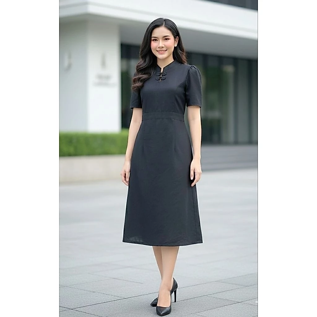 เดรสลายตะขอพระราชทานผ้าฝ้ายพิมพ์ลายเชียงใหม่ เชือกผูกหลัง ไม่มีซิบ ไม่อัดกาว อก36, 40,44,48,52 นิ้ว