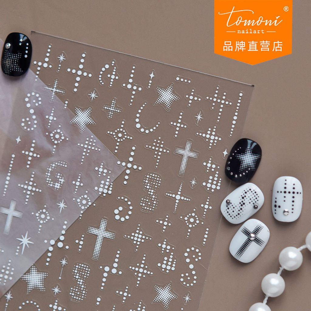 [Meow.Sensei] tomoni Thin Tough Nail Stickers ขายดี Pearl Polka Dot Cross Nail Stickers โลหะ Polka D