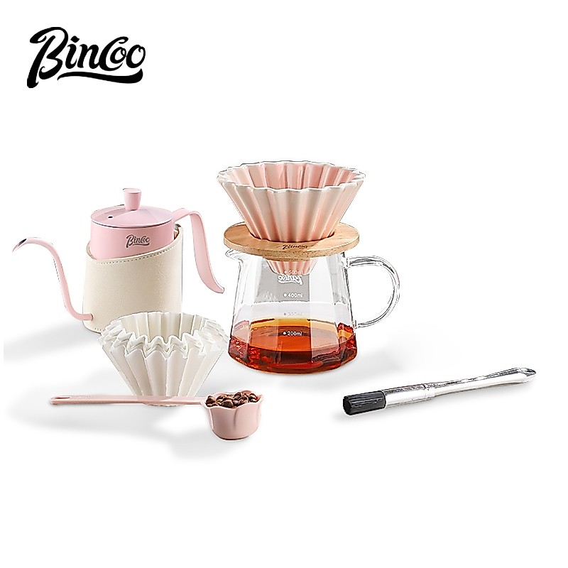 Bincoo Coffee Hand Brewer Set เซรามิกสีชมพูในครัวเรือน V60 ถ้วยกรองชุดเครื่องชงกาแฟ