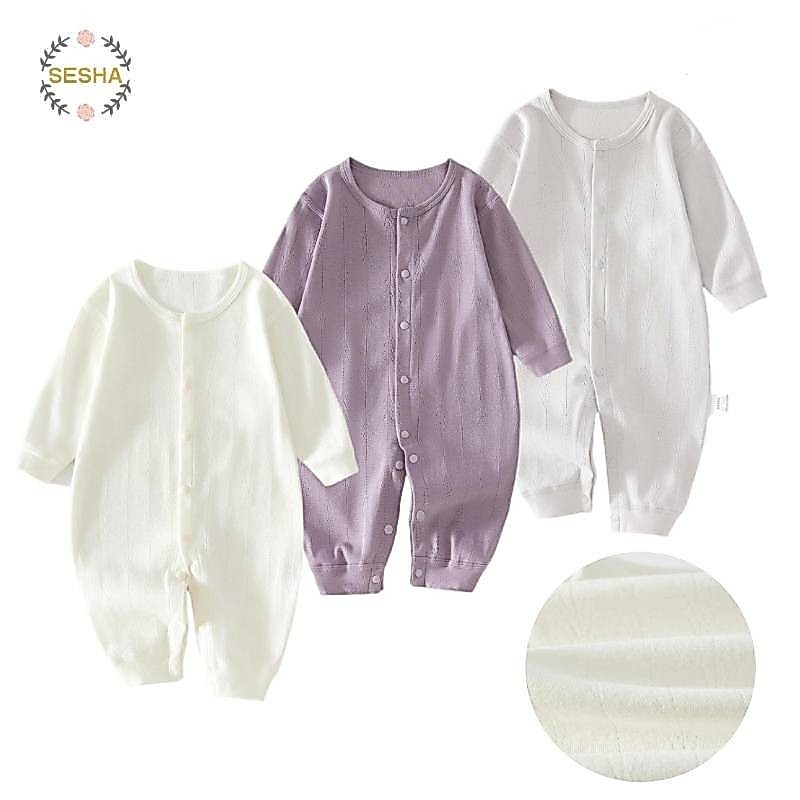 ชุดนอนเด็กผ้าฝ้ายแท้บางทารกแรกเกิดแขนยาว jumpsuitbaby เด็กชายสีขาวระบายอากาศชิ้นเดียว garment