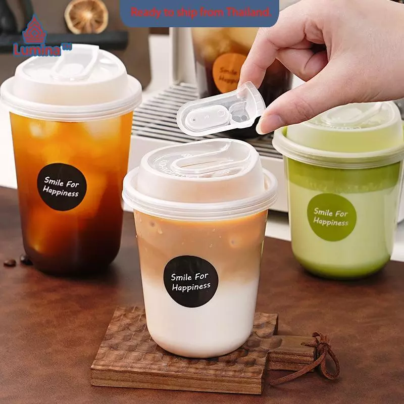 ถ้วยกาแฟโปร่งใส10ชิ้นพร้อมฝาปิดถ้วยใช้แล้วทิ้งรูปตัวยูสำหรับเครื่องดื่มร้อนนมชา