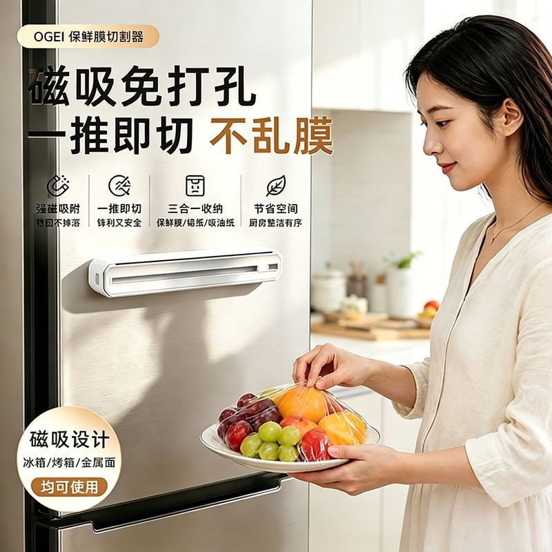 O* GEI磁吸保鲜膜切割器免打孔厨房收纳保鲜膜锡纸吸附式家用防割手Plastic wrap food grade cutter, kitchen economical large roll box,