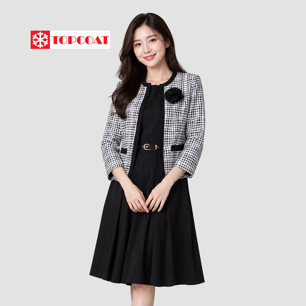 TOPCOAT เดรสแฟชั่นพร้อมเสื้อคลุมแขนยาวลายทวิต (YL6115) ช่วยพรางหุ่น ใส่ทำงานหรืองานพิธี (1 ชุด)