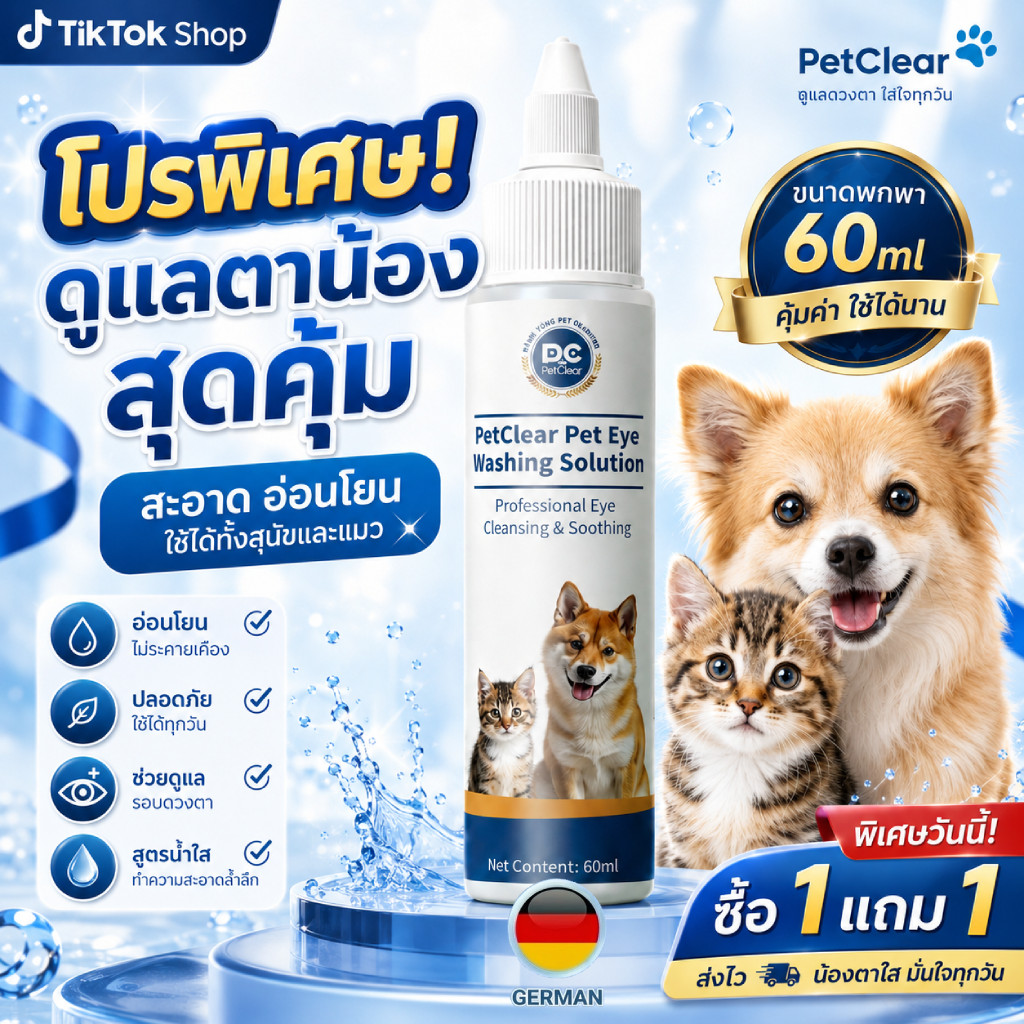 PetClear น้ำยาล้างตาสัตว์เลี้ยง 60ml สำหรับสุนัขและแมว เช็ดขี้ตา คราบน้ำตา อ่อนโยน