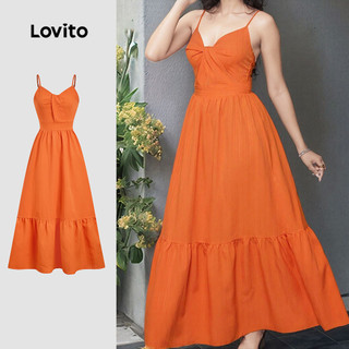 Lovito Boho Women Dress Ruffle Hem Structure Line Spring/summer Orange Dress LBL33017