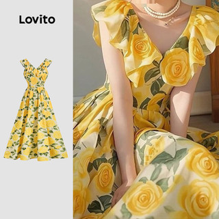 Lovito Boho Women Dress Ruffle Flowers Spring/summer Yellow Dress L150ED144